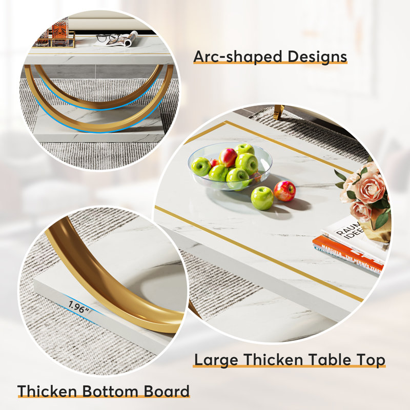 Mercer41 Lokesh White and Gold Low Coffee Table Modern Rectangle Coffee